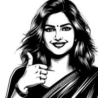 Black and white Silhouette of a group of a female indian woman holding thumbs up in a casual outfit Sari vector