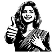 Black and white Silhouette of a group of a female indian woman holding thumbs up in a casual outfit Sari vector