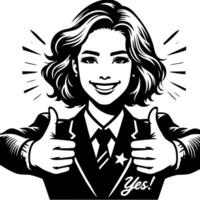 Black and white Silhouette of a female business woman manager holding thumbs up in a business outfit vector