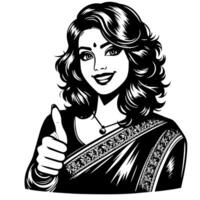 Black and white Silhouette of a group of a female indian woman holding thumbs up in a casual outfit Sari vector