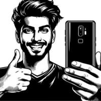 Black and white Silhouette of a indian guy with a smartphone and thumbs up vector