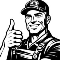 Black and white Silhouette of a plumber holding thumbs up and smiling Face vector