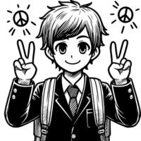 Black and white Silhouette of a student guy showing the peace sign scribble vector