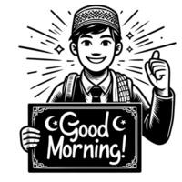 Black and white Silhouette of a muslim guy saying hello and good morning vector