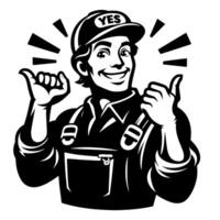 Black and white Silhouette of a plumber holding thumbs up and smiling Face vector