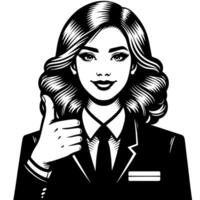 negro y blanco silueta de un hembra negocio mujer gerente participación pulgares arriba en un negocio atuendo vector