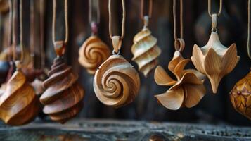 Wooden Ornaments Hanging From Strings photo