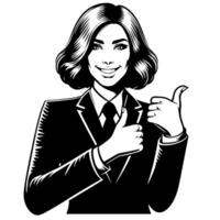 negro y blanco silueta de un hembra negocio mujer gerente participación pulgares arriba en un negocio atuendo vector