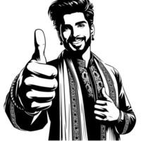 Black and white Silhouette of a indian guy in a positive happy pose and holding thumbs up vector