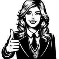 Black and white Silhouette of a female business woman manager holding thumbs up in a business outfit vector