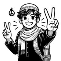 Black and white Silhouette of a muslim guy showing the peace sign scribble vector