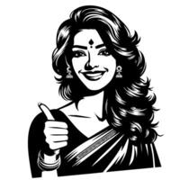 Black and white Silhouette of a group of a female indian woman holding thumbs up in a casual outfit Sari vector