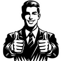 Black and white Silhouette of a shop manager holding thumbs up and smiling Face vector