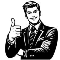 Black and white Silhouette of a shop manager holding thumbs up and smiling Face vector