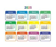 Calendar grid 2025 colorful Simple layout of pocket or wall calendar vector