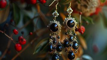 Elegant Black Stone Earrings Against a Festive Backdrop photo