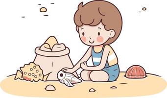 Cute little boy playing with sand on the beach. vector