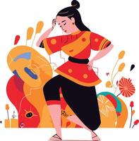 hermosa mujer en rojo vestir con guitarra en plano estilo vector