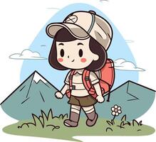 ilustración de un niño excursionismo con un mochila y montañas vector