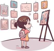 Illustration of a little girl looking at a picture in a gallery vector