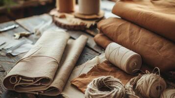 A collection of various fabrics and threads piled up on a wooden table. photo