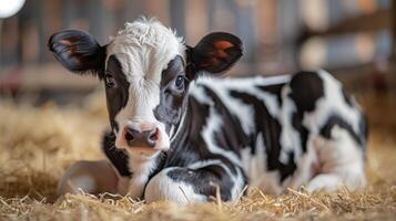 Black and White Cow Resting on Dry Grass Field photo