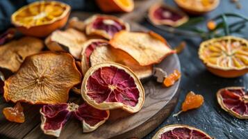 Wooden Plate With Dried Fruit on Table photo