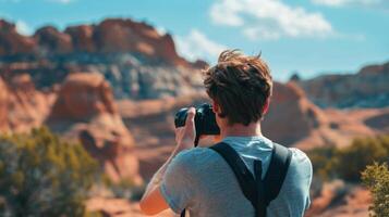 A man standing outdoors captures a photo of majestic mountains using a camera.