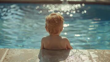 un joven bebé es sentado en un piscina, mirando atentamente a el claro agua en frente de a ellos. foto