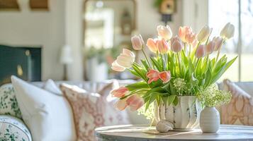primavera flores en Clásico florero, hermosa floral acuerdo, hogar decoración, Boda y florista diseño foto