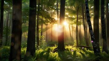 een sereen Woud pad, omringd door weelderig groen, is verlichte door zonnestralen doordringend door de overkapping, creëren een rustig atmosfeer video