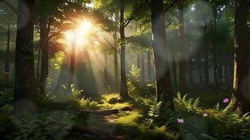 A serene forest path, surrounded by lush greenery, is illuminated by sunbeams piercing through the canopy, creating a tranquil atmosphere video