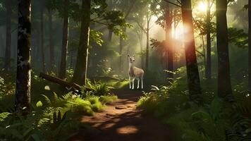 A serene forest path, surrounded by lush greenery, is illuminated by sunbeams piercing through the canopy, creating a tranquil atmosphere video