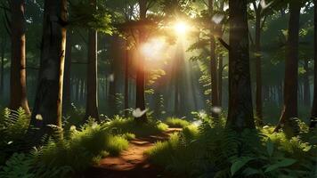 A serene forest path, surrounded by lush greenery, is illuminated by sunbeams piercing through the canopy, creating a tranquil atmosphere video