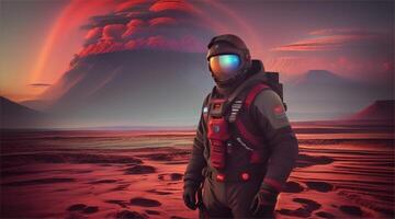 A lone backpacker pilot wearing a mask against the desert wind travels across a vast landscape under a clear sky in a new star. video