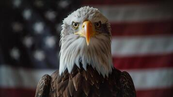 majestuoso calvo águila en contra americano bandera. símbolo de libertad y patriotismo foto