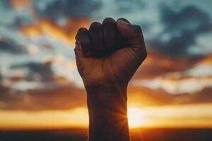 Clenched fist raised against sunset sky, embodying strength, determination and motivation concept photo