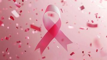 Pink ribbon breast cancer awareness symbol with falling confetti on pink background for celebration and hope photo