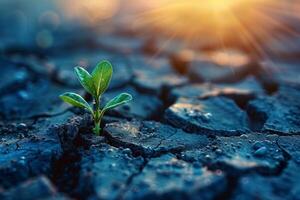 Green Seedling Growing in Cracked Soil. A Symbol of Hope and Resilience Amidst Climate Change and Global Warming photo
