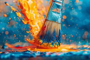 Cepillo de pintura con naranja y azul pintar salpicaduras en lienzo, creando resumen Arte con vibrante colores foto