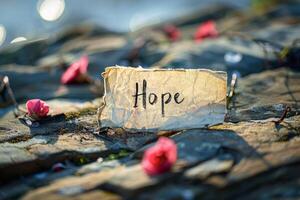 Hope inscription on stone amidst withered roses, symbolizing resilience and optimism in difficult times photo
