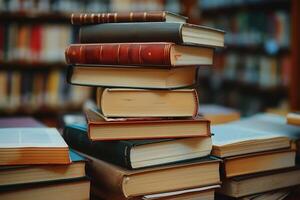 Stack of Old Books in Library Setting. Knowledge, Education, and History photo