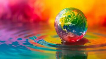 Planet Earth Globe in Water Droplet Reflection with Colorful Background photo
