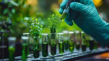 Scientist Analyzing Plants in Test Tubes for Biotechnology Research photo