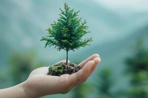 Close up of Hand Holding Young Plant with Blurred Forest Background, Representing Concepts of Environmentalism, Growth, and Sustainability photo