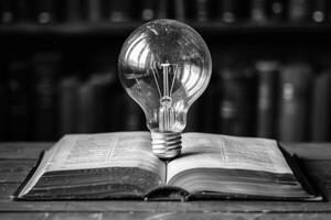 Light Bulb and Open Book Concept of Knowledge, Ideas, and Learning photo