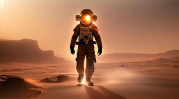 Researchers walk across vast sand dunes in space suits as the sun sets. video