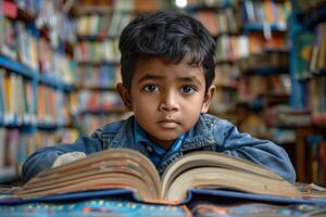 joven chico leyendo libros en biblioteca. un retrato de infancia curiosidad y educación foto