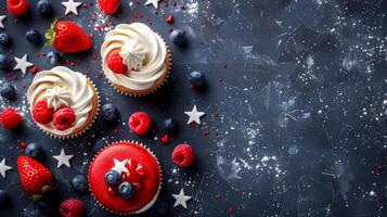 4th of July Cupcakes and Macarons with Berries and Whipped Cream photo