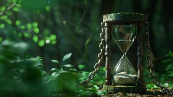 Ancient Hourglass with Flowing Sand in Lush Green Forest Setting, Symbolizing Time, Nature, and Tranquility photo